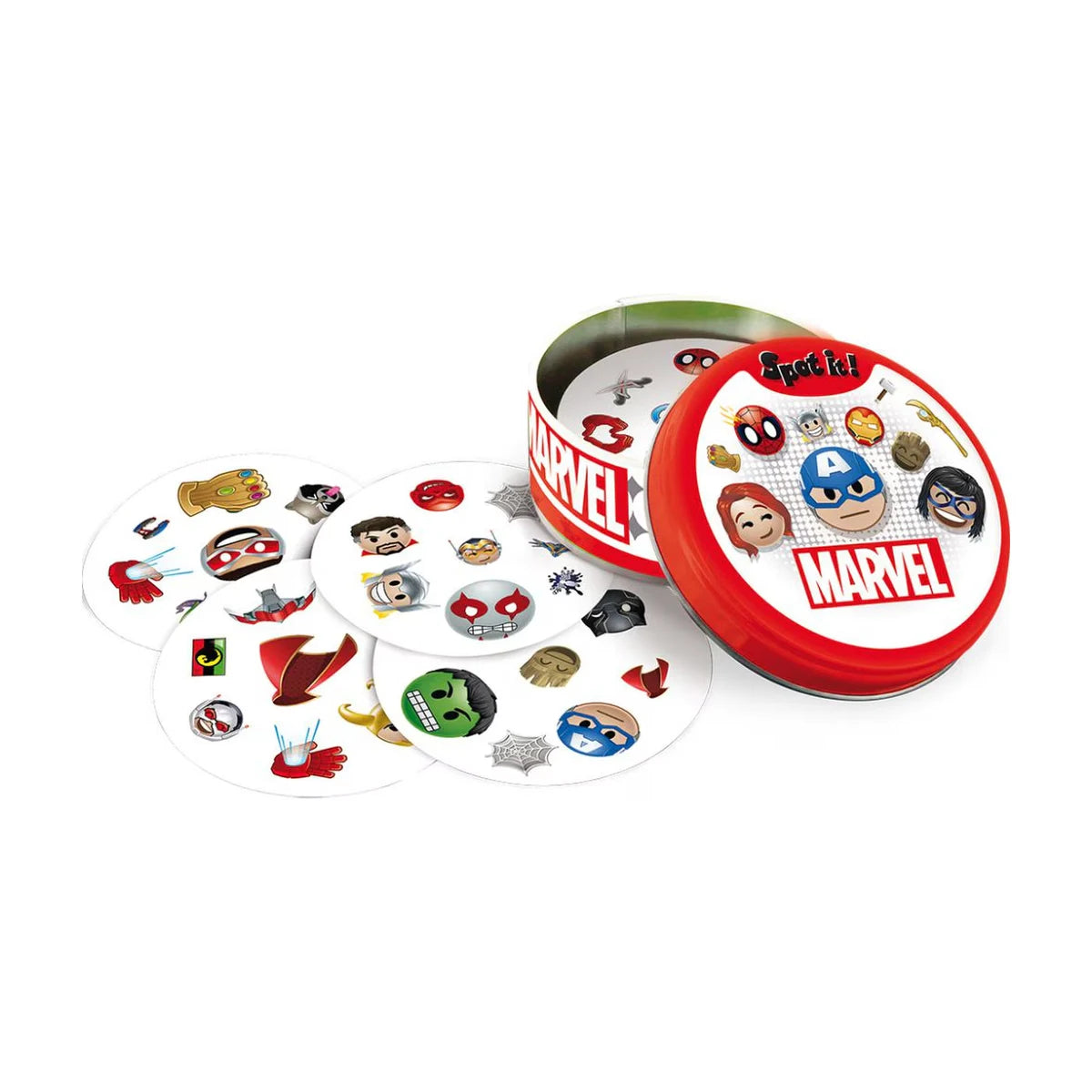 Spot It Marvel family card game open tin with matching cards