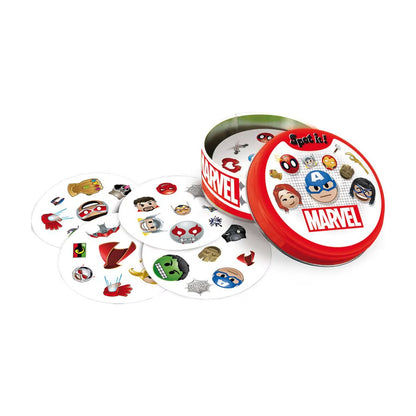 Spot It Marvel family card game open tin with matching cards