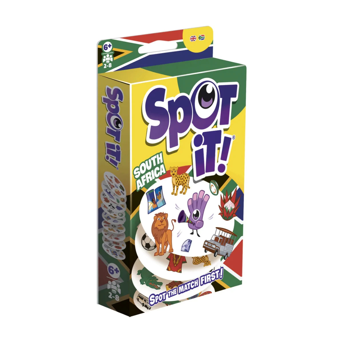 Spot It South Africa card game box with local icons for fast family matching play