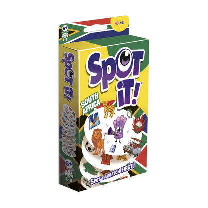 Spot It South Africa card game box with local icons for fast family matching play