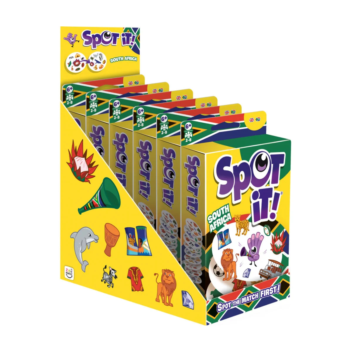 Spot It South Africa card game display box showing travel-friendly packs with local symbol artwork