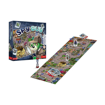 Spy Guy Board Game with box large city board clue cards pawns and hourglass for cooperative family play