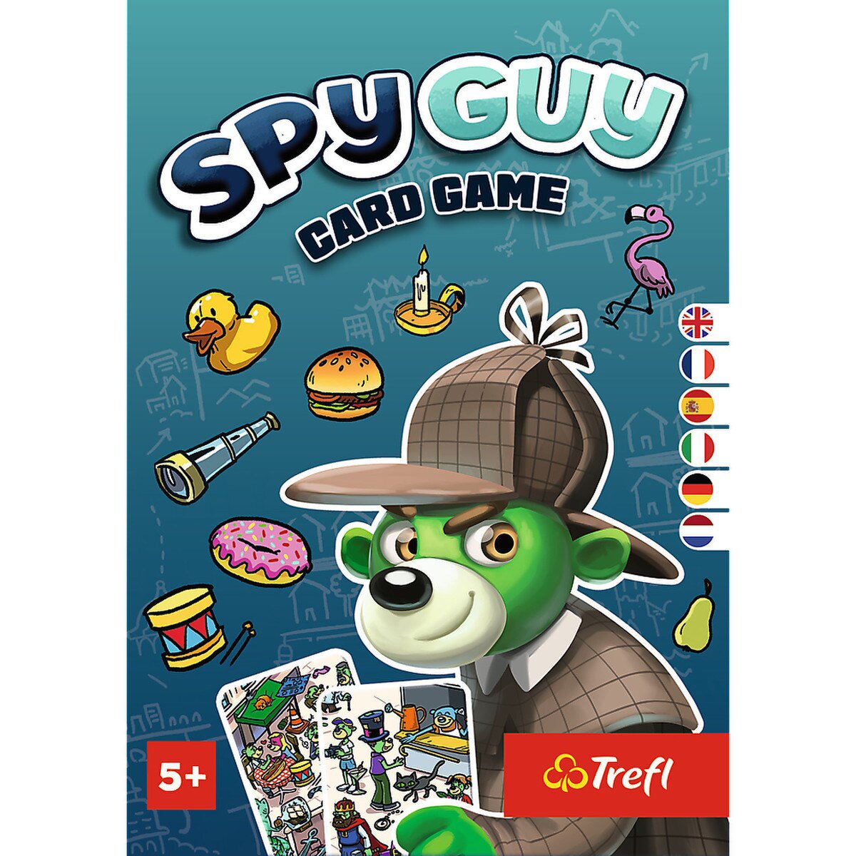 Close up of Spy Guy Card Game box artwork with detective theme and family card game details