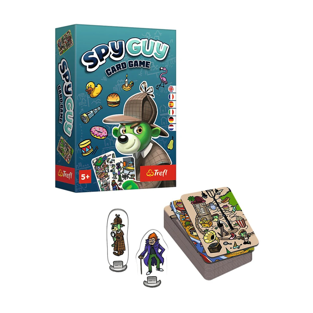 Spy Guy Card Game with box clue cards and detective pawns for family observation play