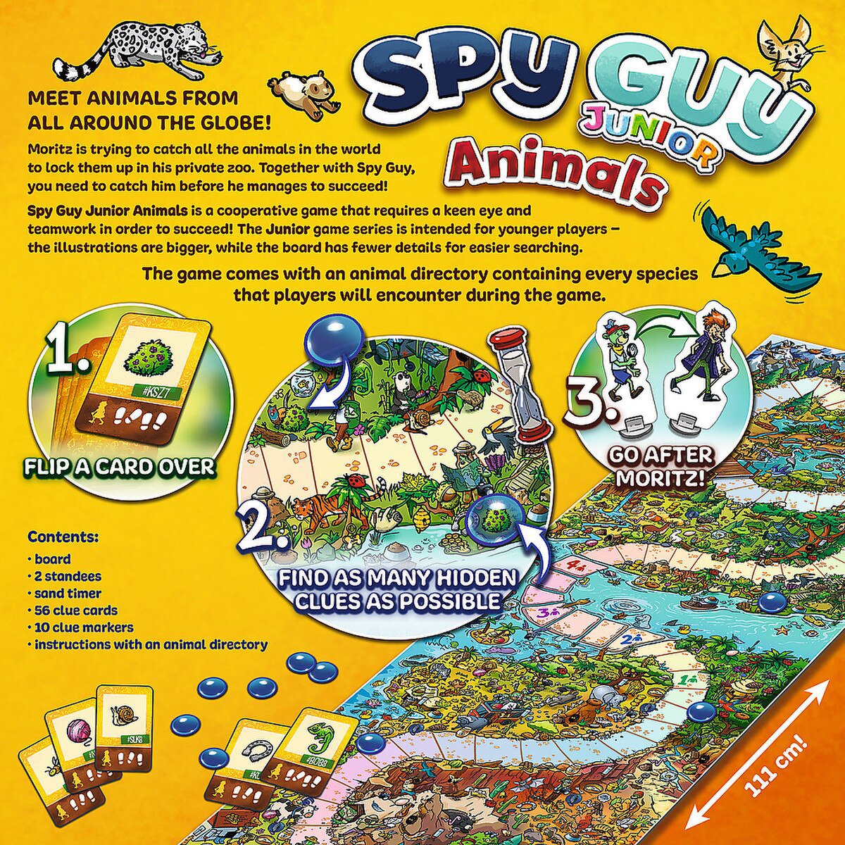 Spy Guy Junior Animals back of box showing how to find hidden clues and chase Moritz on the animal board
