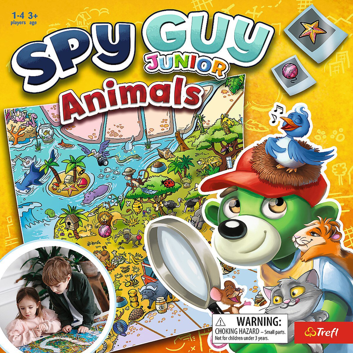 Close up of Spy Guy Junior Animals box artwork with Spy Guy detective animals and hidden object board theme