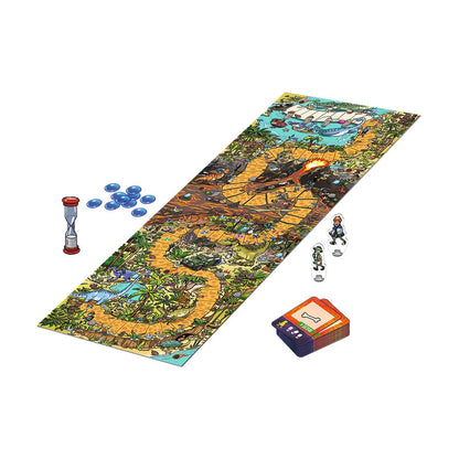 Spy Guy Junior Dinosaurs game components with large dinosaur board clue cards timer markers and character pawns