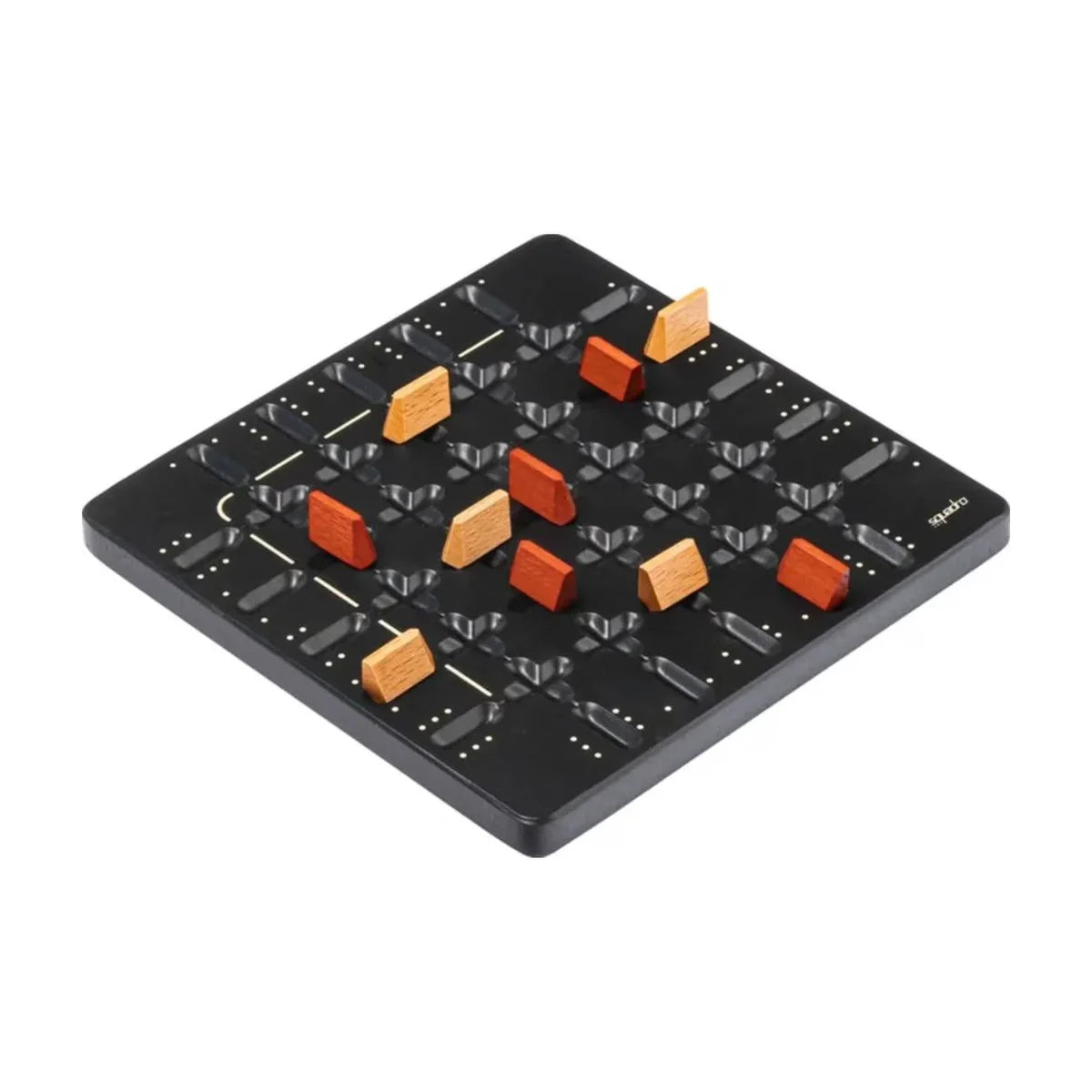 Squadro Mini 2-player strategy board game setup showing wooden pieces on the compact abstract game board