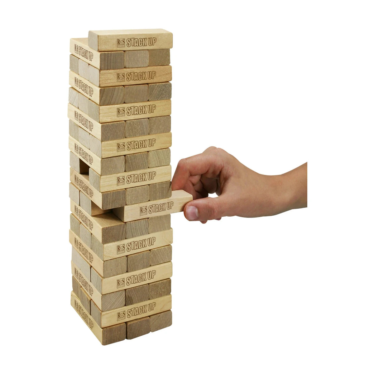 Stack Up wooden stacking game with hand pulling a block from the tower