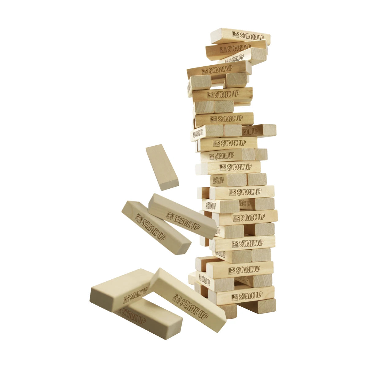 Stack Up wooden tower game with blocks falling during family game night play