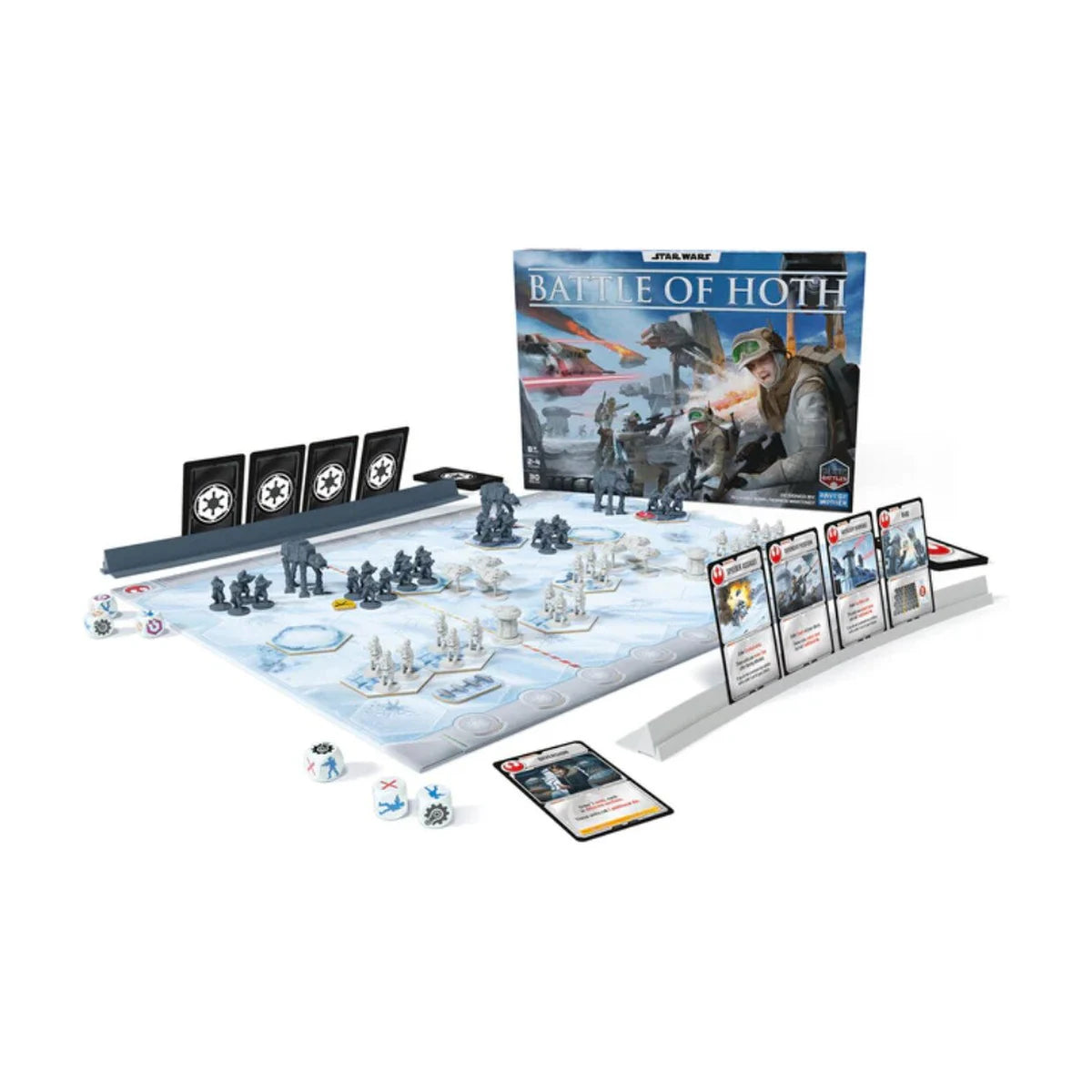 Star Wars Battle of Hoth board game setup with miniatures cards dice and battlefield