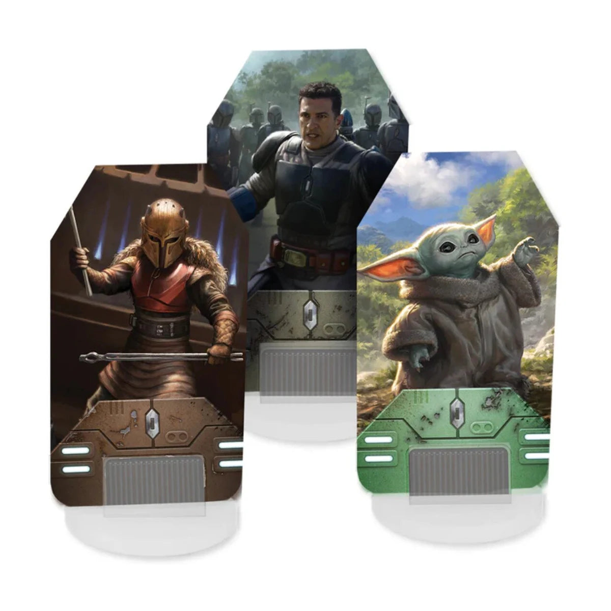 Sworn to the Creed expansion character standees including Grogu and Mandalorians