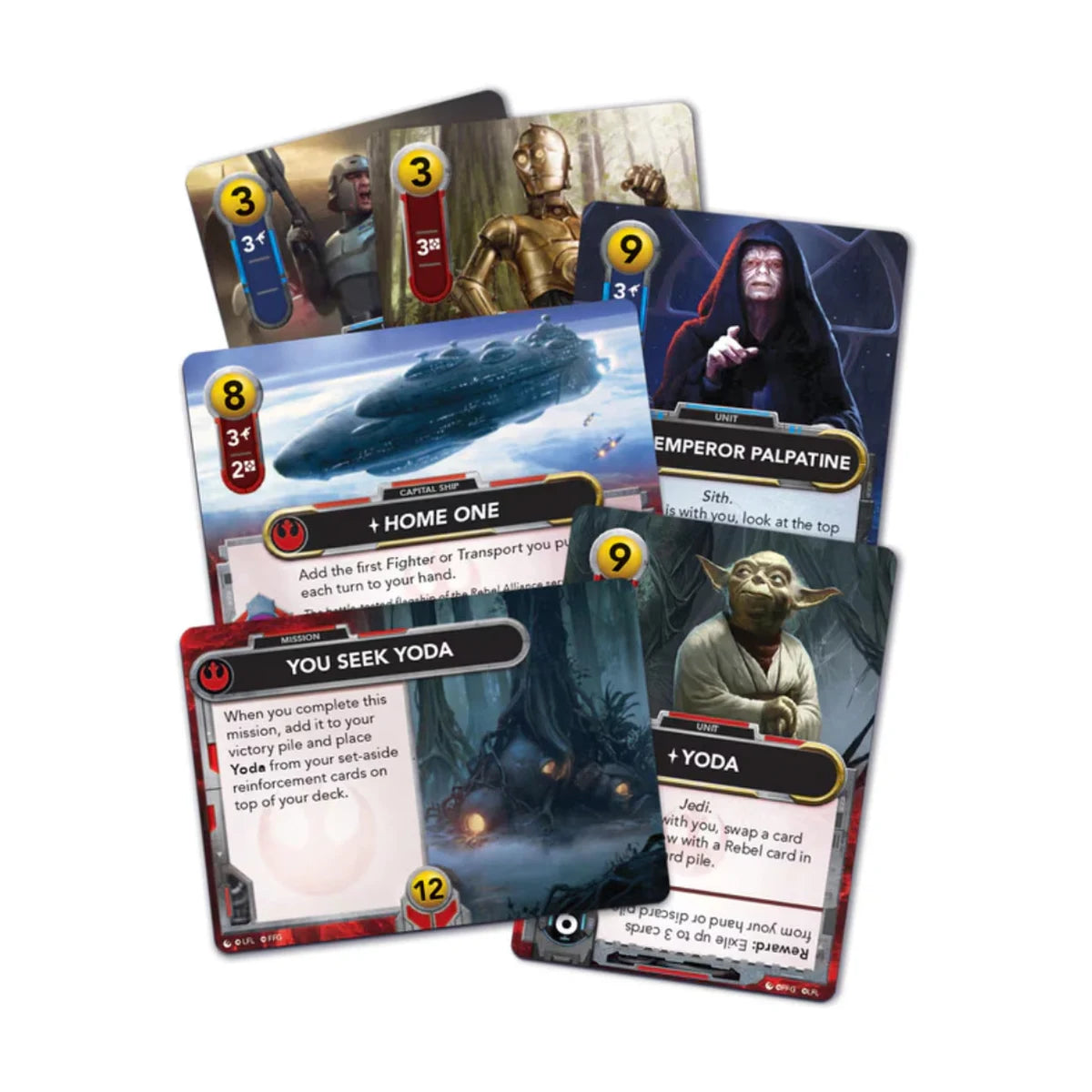 Star Wars Rebel and Empire Reinforcements cards featuring Yoda, Palpatine and Home One