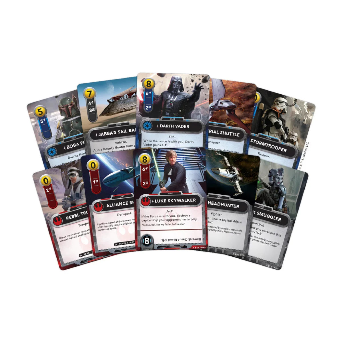 Star Wars The Deckbuilding Game Rebel and Empire character and unit cards