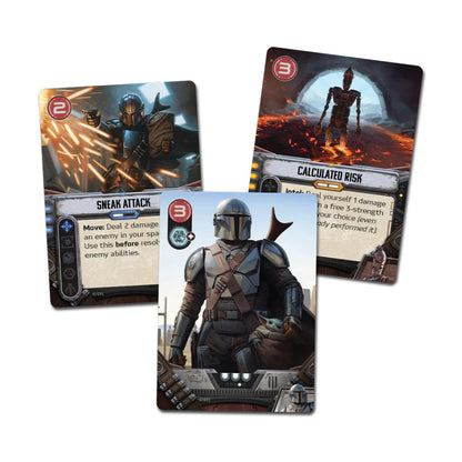 Star Wars The Mandalorian Adventures character and skill cards showing The Mandalorian and combat abilities