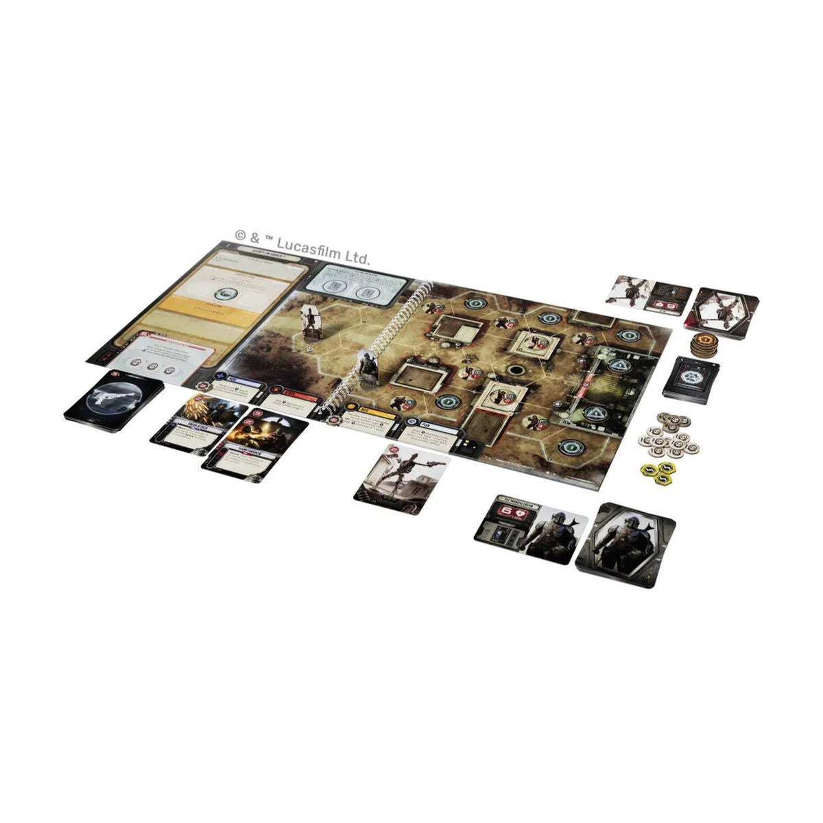 Star Wars The Mandalorian Adventures cooperative board game setup with mission map cards tokens and characters