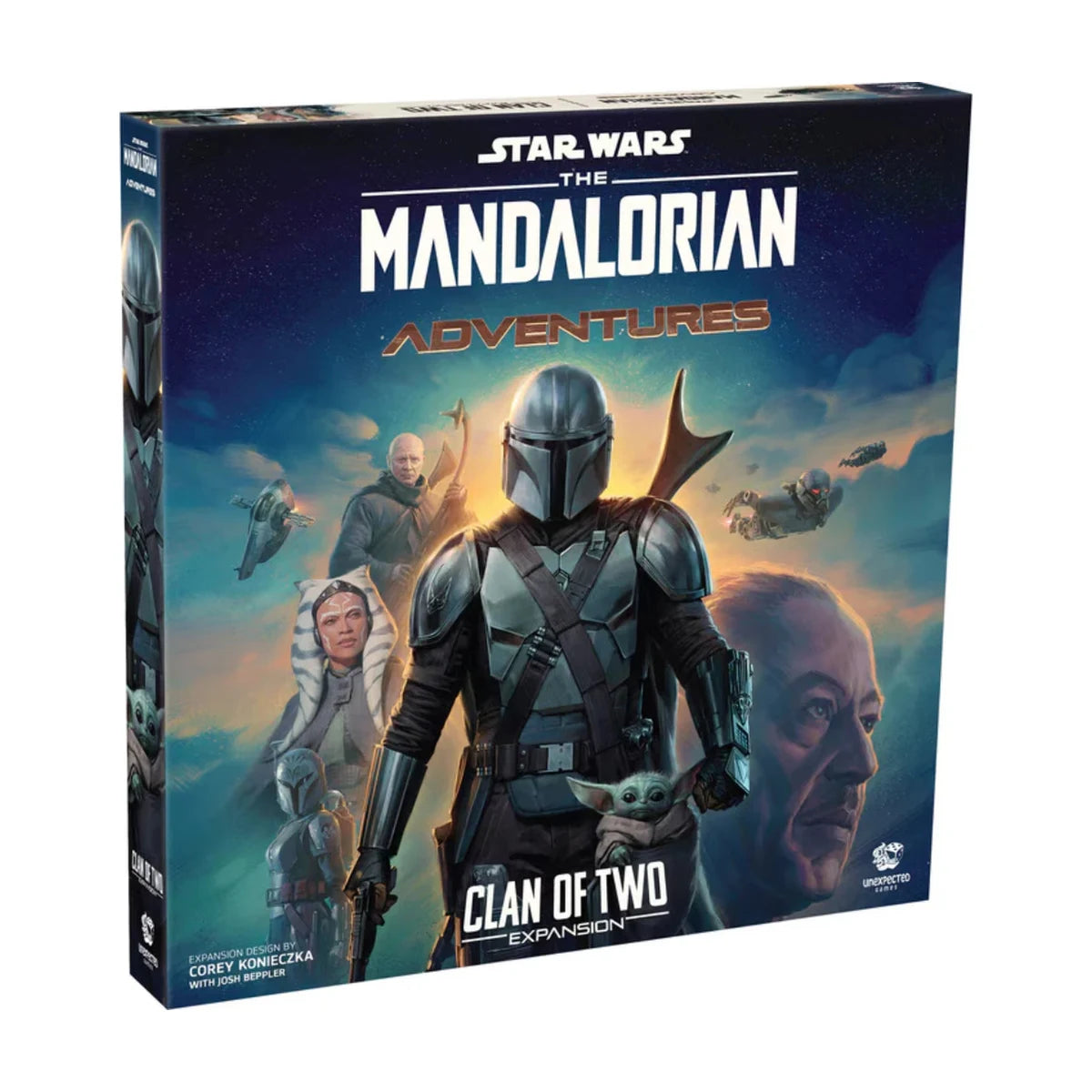 Star Wars The Mandalorian Adventures Clan of Two board game expansion box featuring The Mandalorian Grogu Ahsoka Tano and Boba Fett
