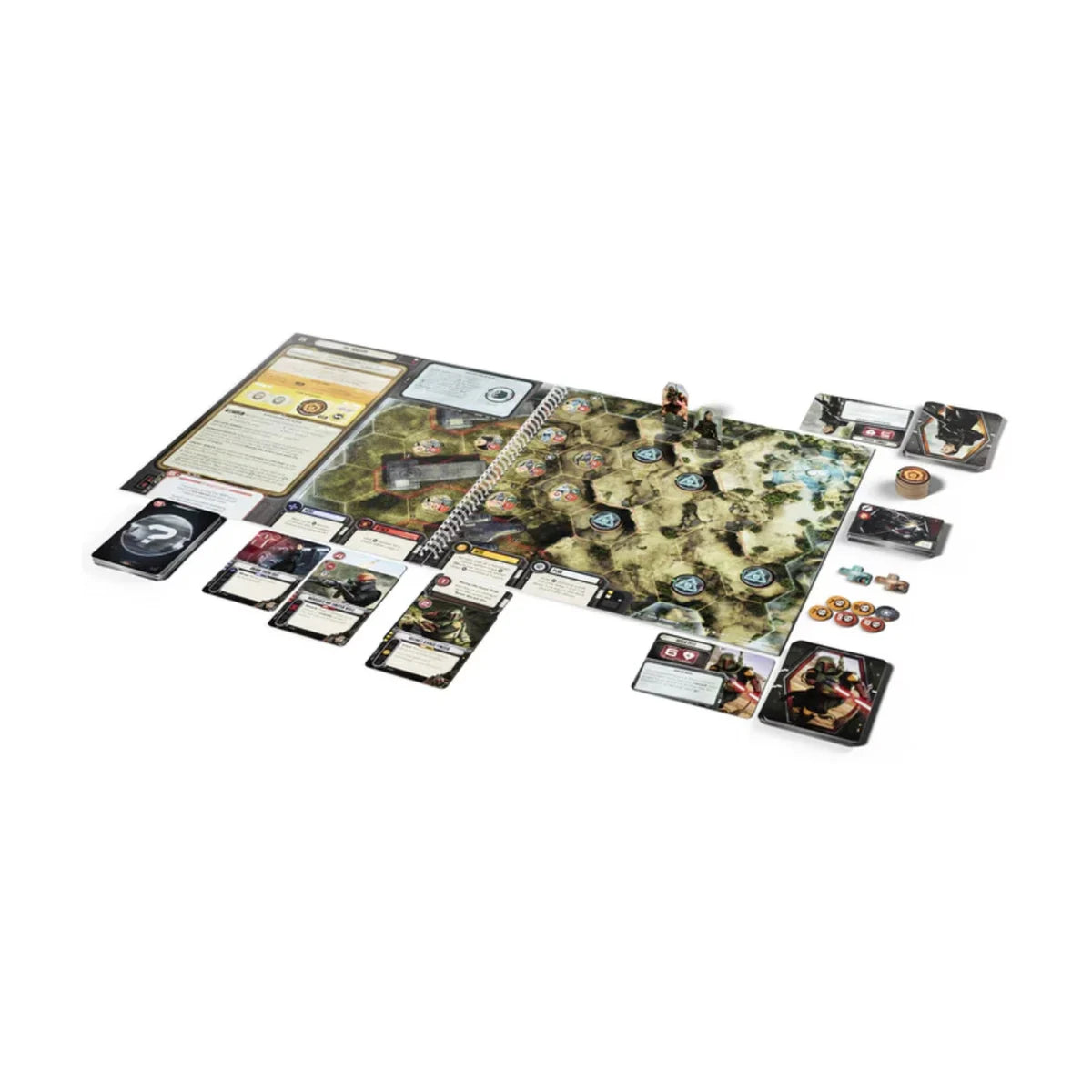 The Mandalorian Adventures Clan of Two expansion gameplay setup with mission map characters cards tokens and enemies