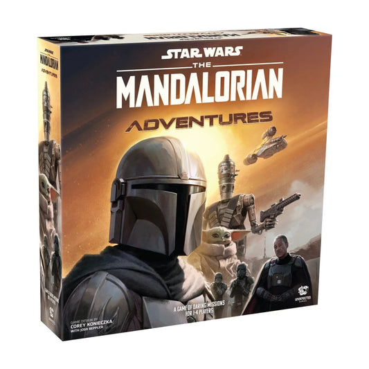 Star Wars The Mandalorian Adventures cooperative board game box featuring The Mandalorian Grogu IG-11 and allies