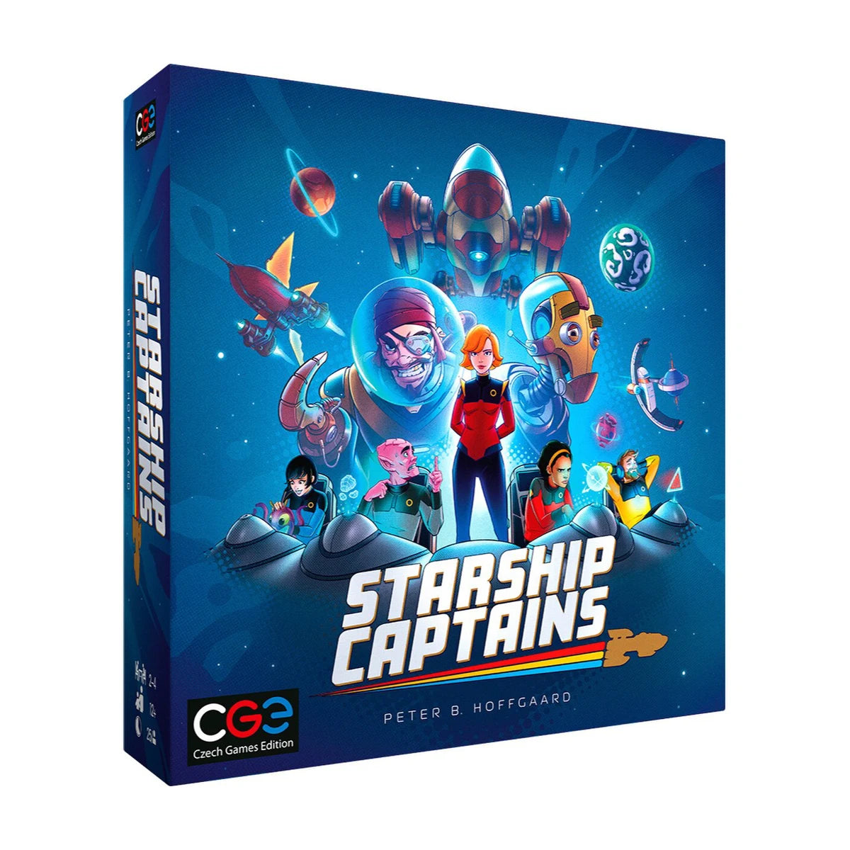 Starship Captains board game box front showing the Czech Games Edition sci-fi strategy game for 1 to 4 players