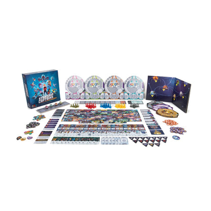 Starship Captains board game components layout with player boards, cards, tokens, plastic crew figures and mission pieces