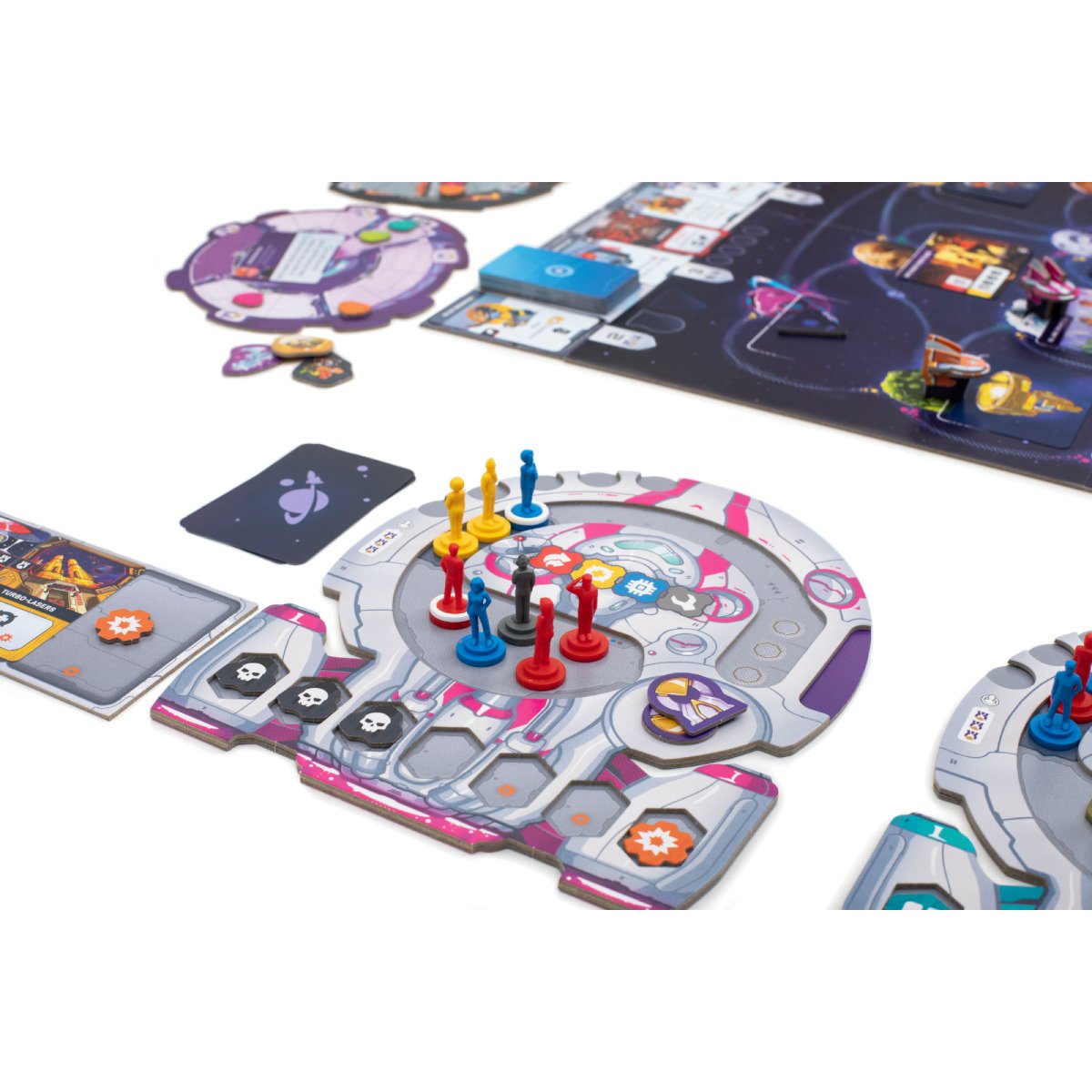 Starship Captains crew management player board close-up with colourful crew figures, ship board and mission components