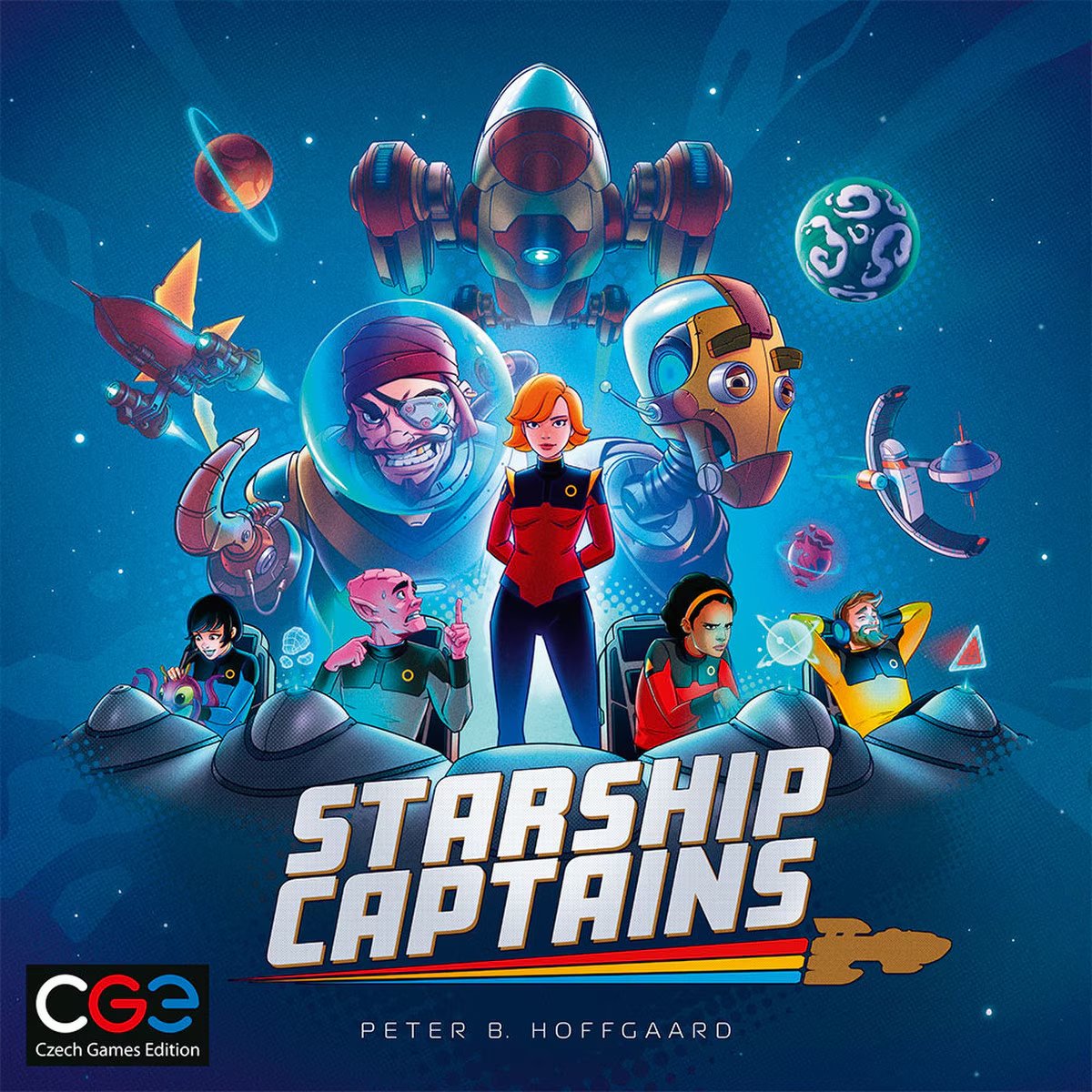 Starship Captains sci-fi strategy board game cover art with starship crew, robots and space adventure artwork