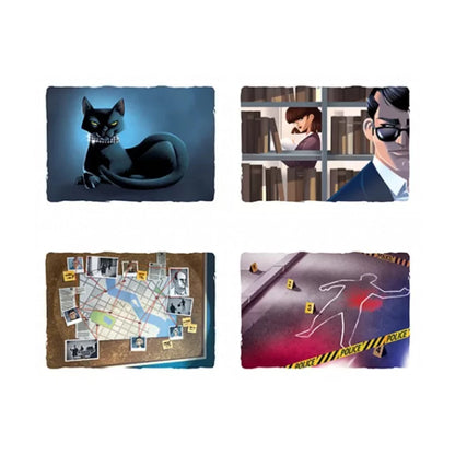 Story Box Polar illustrated cards showing mystery scenes, clues, a black cat and detective artwork