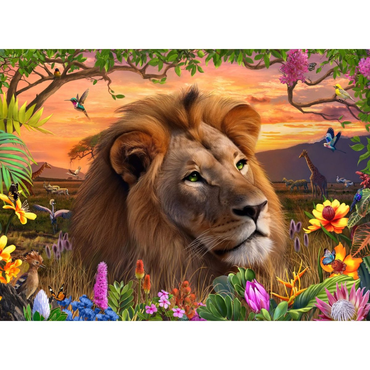 Completed Sunset Lion puzzle artwork showing a lion in a sunset savanna scene