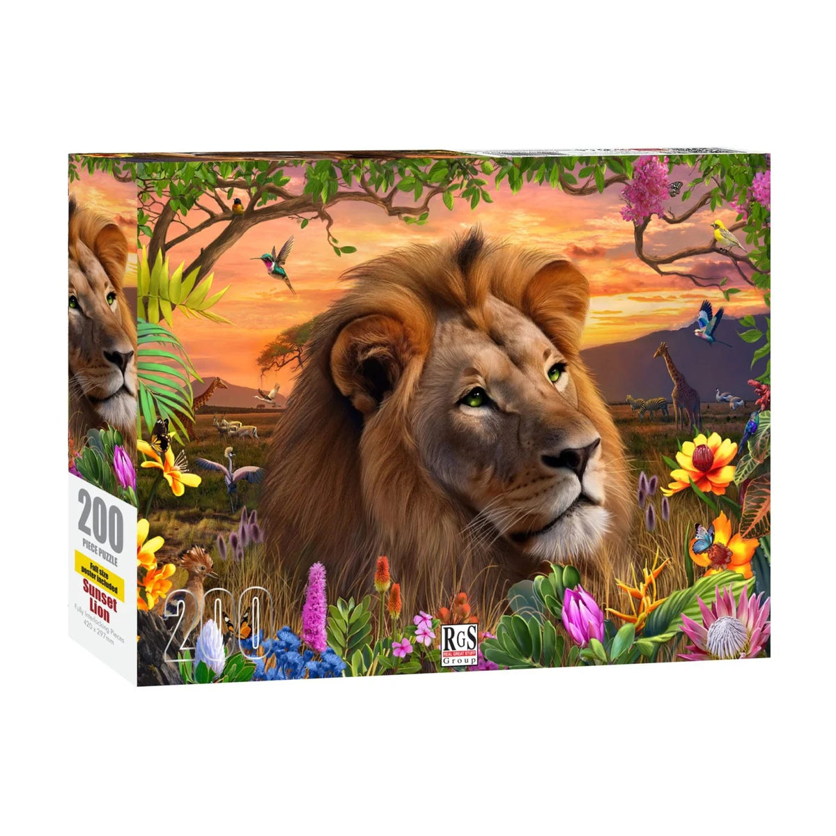Sunset Lion 200 piece puzzle box showing lion and colourful savanna artwork