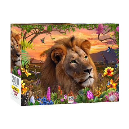 Sunset Lion 200 piece puzzle box showing lion and colourful savanna artwork