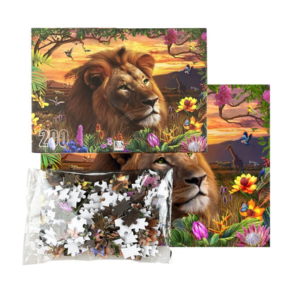 Sunset Lion 200 piece puzzle with box, poster and puzzle pieces