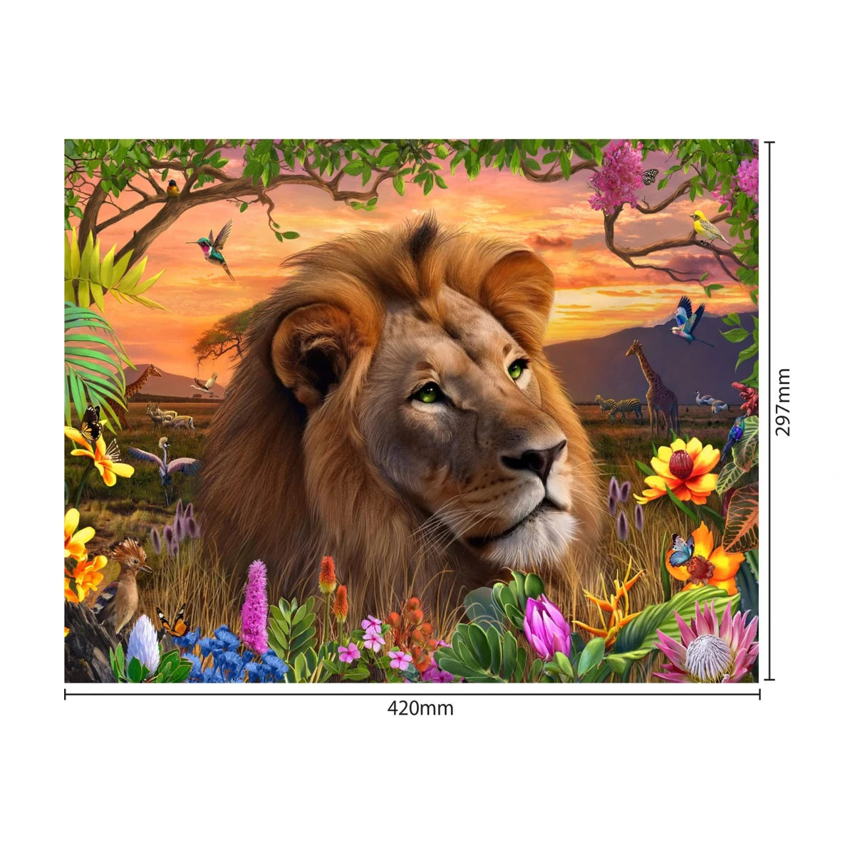 Sunset Lion 200 piece puzzle size guide showing finished size 420 by 297 mm