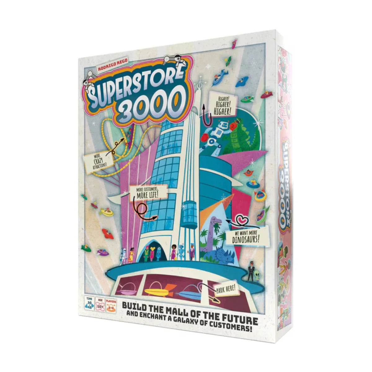 Superstore 3000 board game box front showing a retro futuristic shopping mall tower with spaceships and colourful sci fi artwork