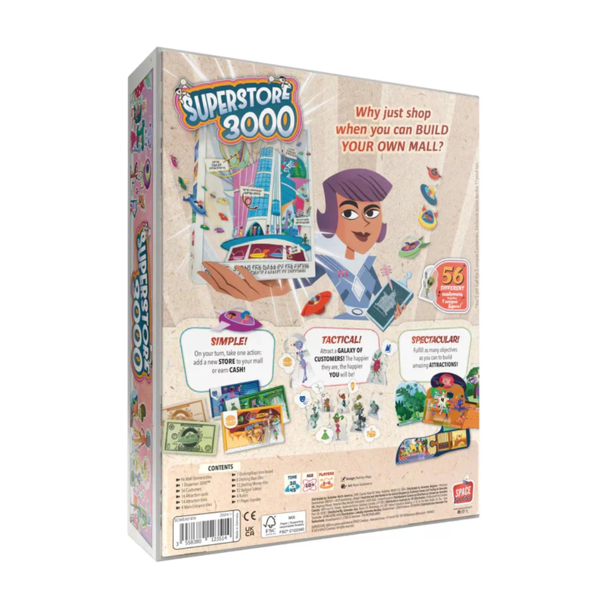 Back of Superstore 3000 board game box showing gameplay overview, customer variety, and attraction features