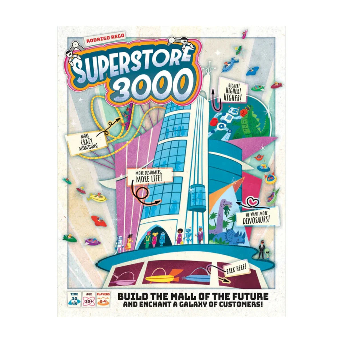 Superstore 3000 board game box front showing a retro futuristic shopping mall tower with spaceships and colourful sci fi artwork