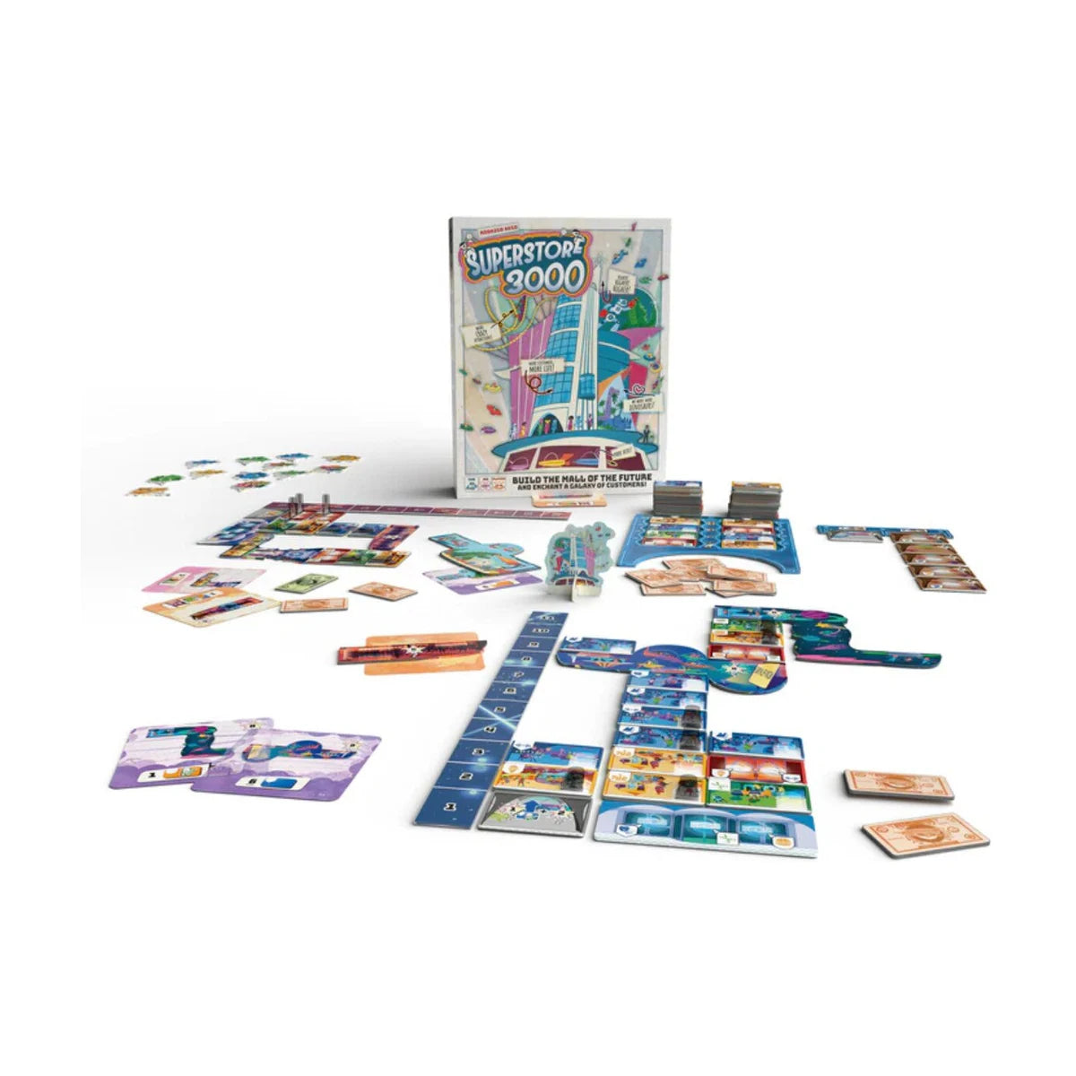 Superstore 3000 board game components and gameplay setup showing mall tiles, customer pieces, attraction tiles, and scoring elements