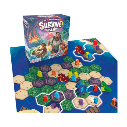 Survive The Island family adventure board game setup with island tiles rafts creatures and adventurer meeples