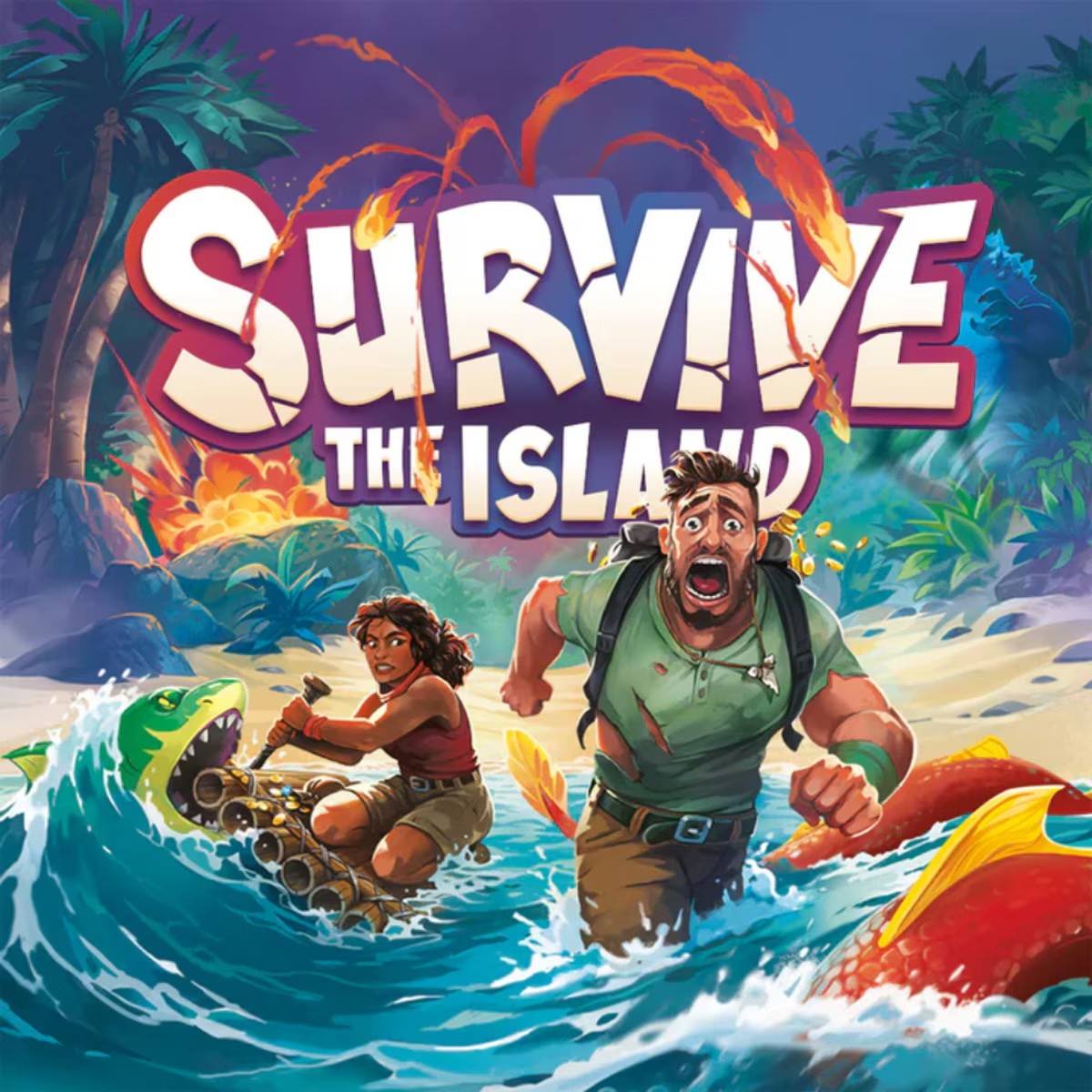 Survive The Island family adventure board game cover art with erupting island and escaping adventurers