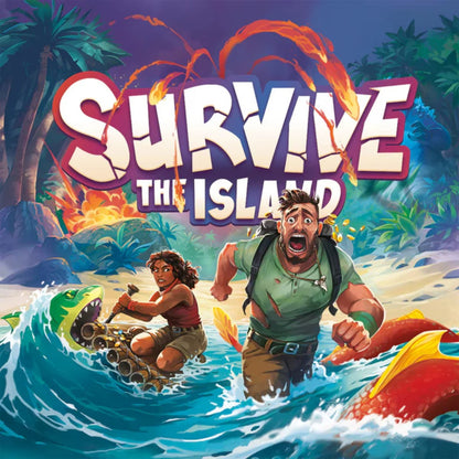 Survive The Island family adventure board game cover art with erupting island and escaping adventurers