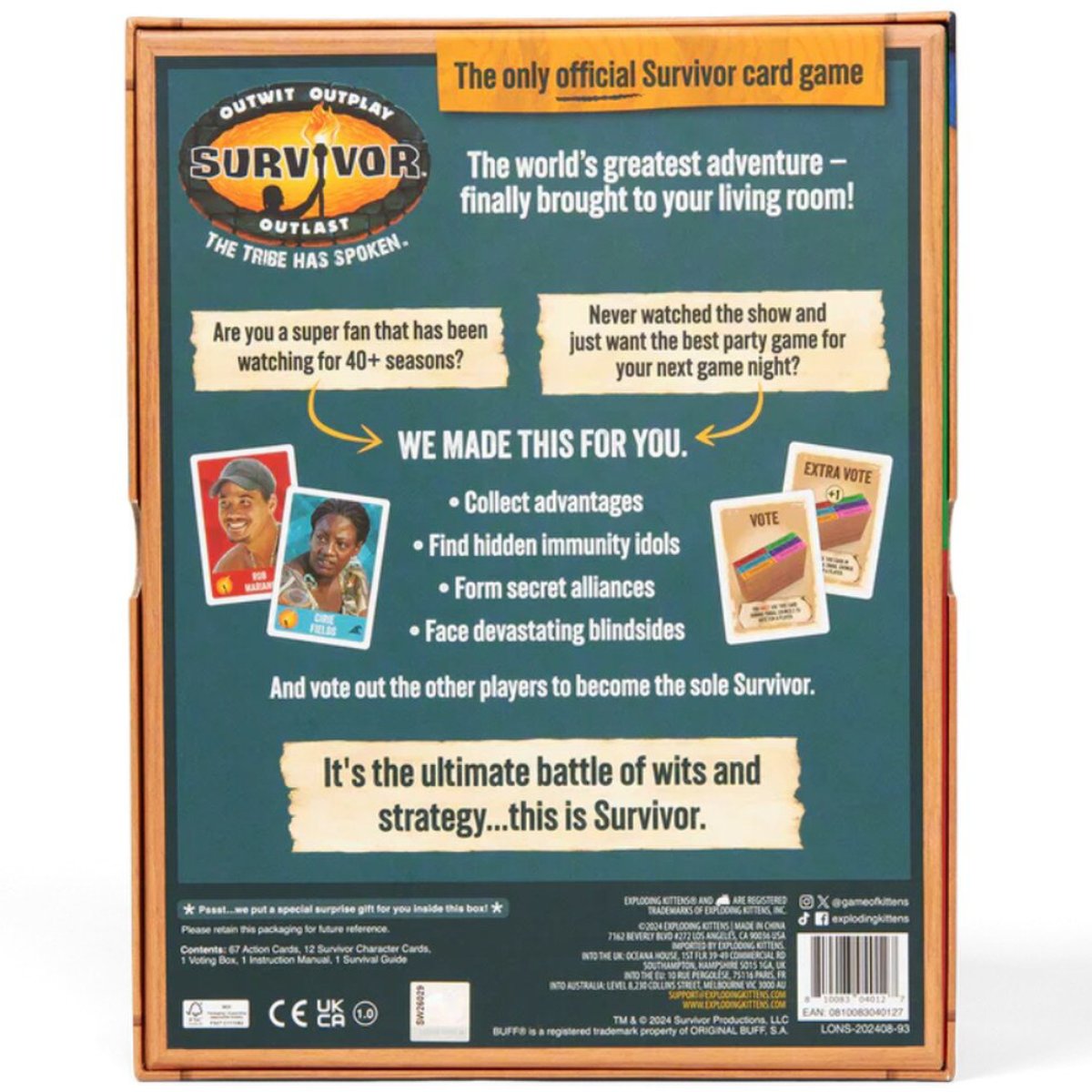 Survivor The Tribe Has Spoken card game box back with voting and alliance gameplay details