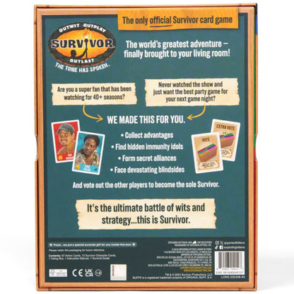Survivor The Tribe Has Spoken card game box back with voting and alliance gameplay details