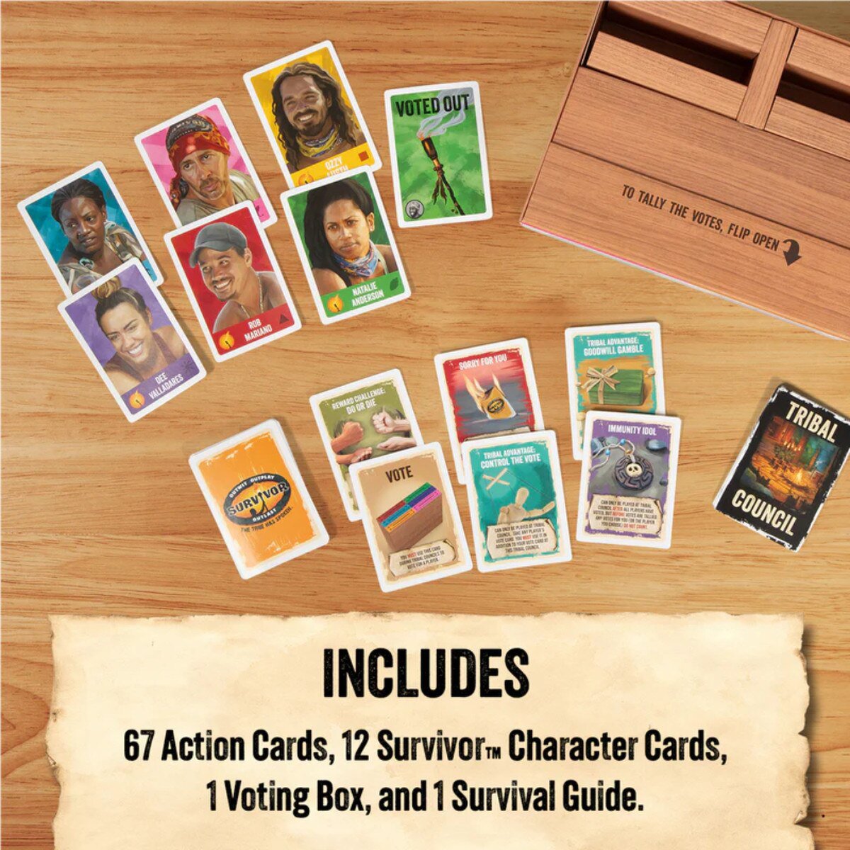 Survivor The Tribe Has Spoken game components with action cards character cards voting box and survival guide