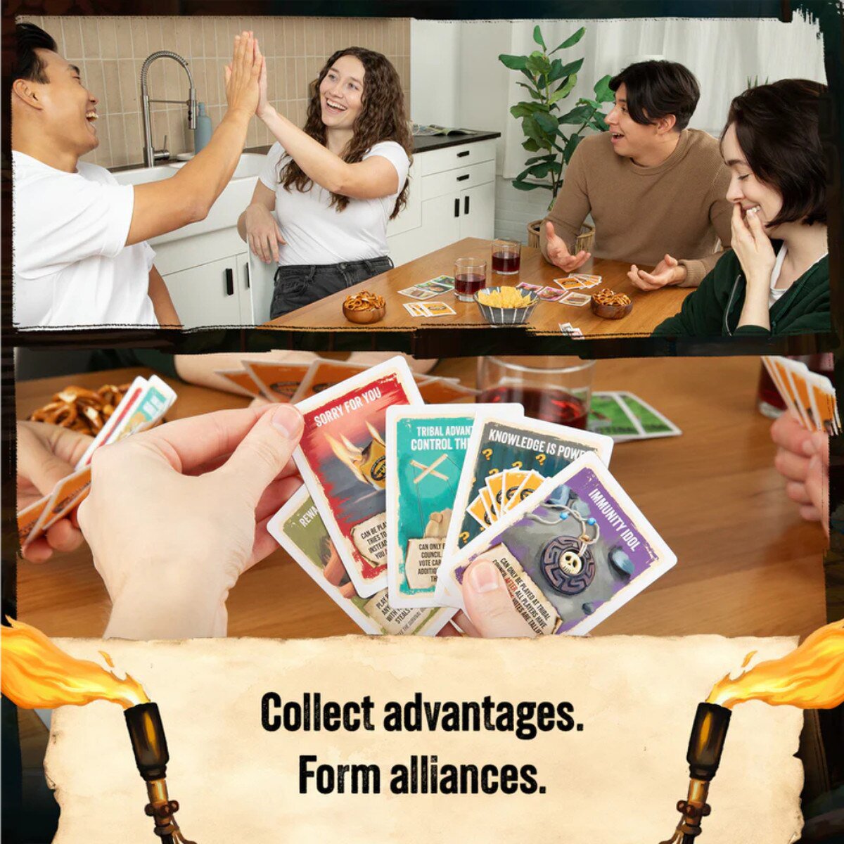 Players enjoying Survivor The Tribe Has Spoken party card game with advantages and alliances