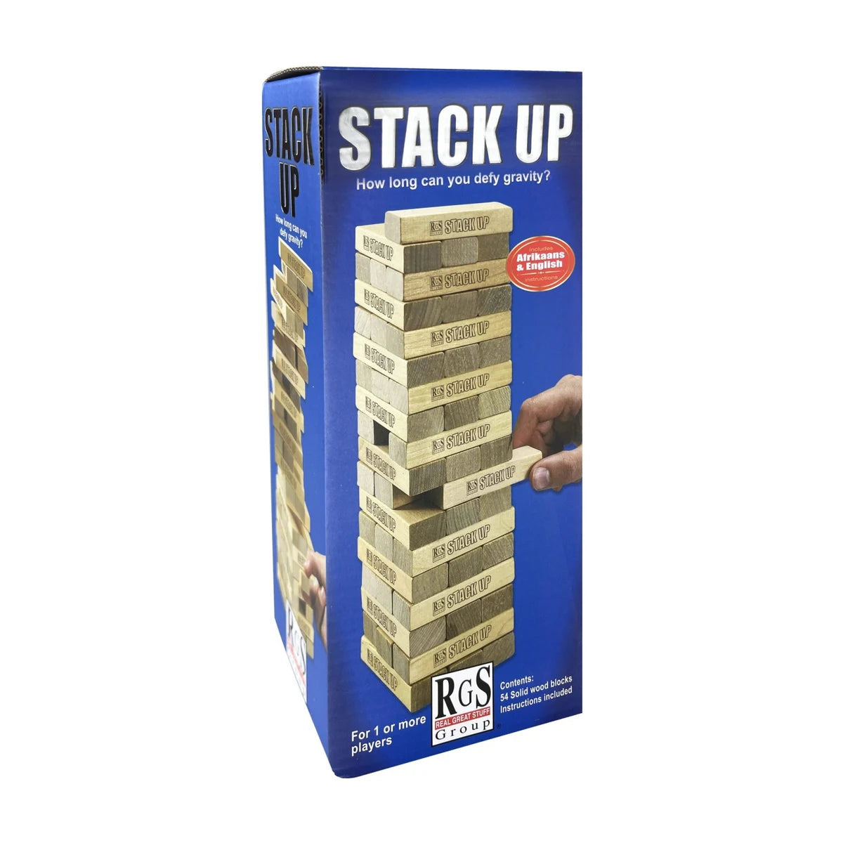 Stack Up wooden tower game box with 54 wooden blocks and English and Afrikaans instructions