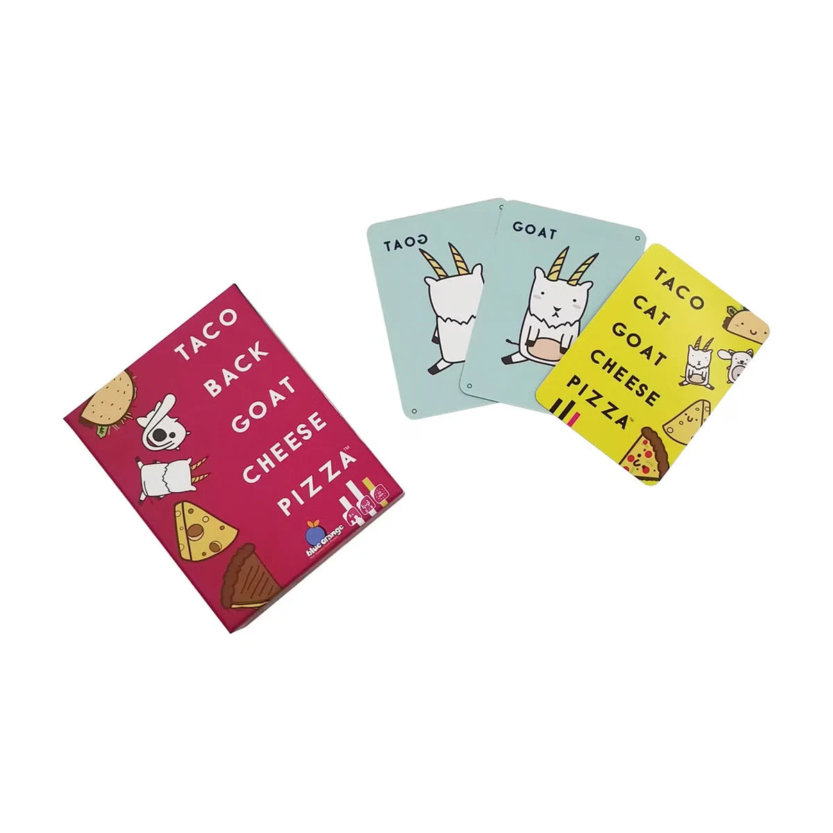 Taco Back Goat Cheese Pizza box with goat cards and yellow word card