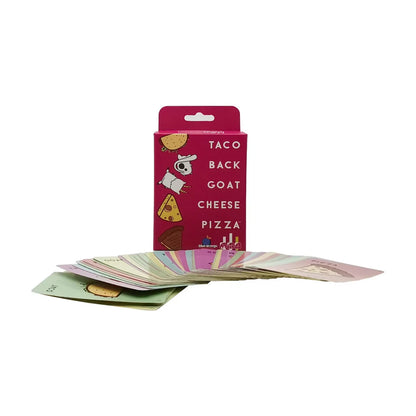 Taco Back Goat Cheese Pizza box with colourful cards spread in front