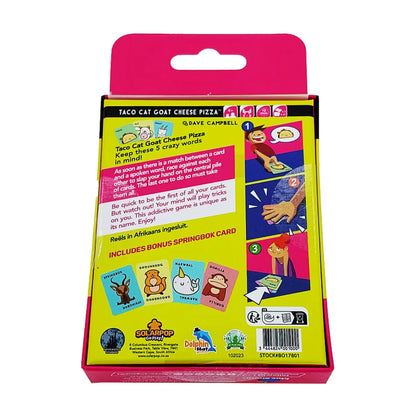 Taco Cat Goat Cheese Pizza card game back of pack with gameplay instructions