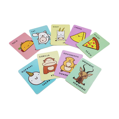 Taco Cat Goat Cheese Pizza card game character cards spread out