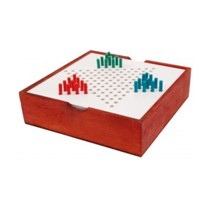 Tactic Trendy Chinese Checkers wooden board game setup with colourful pegs on a star-shaped playing board